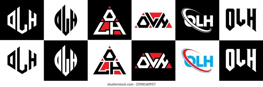 OLH letter logo design in six style. OLH polygon, circle, triangle, hexagon, flat and simple style with black and white color variation letter logo set in one artboard. OLH minimalist and classic logo
