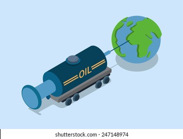 Oli addiction world flat 3d web isometric infographic concept vector. Railroad petroleum tank car as syringe needle stick world globe. Global petrol addicted countries.