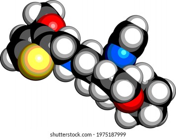 Oliceridine painkiller drug molecule. 3D rendering. Atoms are represented as spheres with conventional color coding: hydrogen (white), carbon (black), nitrogen (blue), oxygen (red), sulfur (yellow).