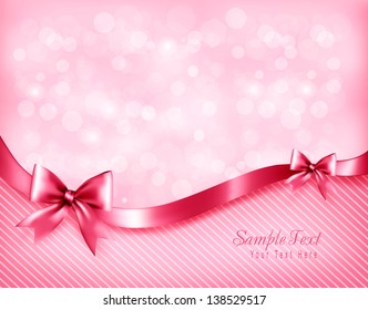 oliday pink background with gift glossy bows and ribbon. Vector