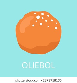 Oliebol. Dutch traditional doughnut with sugar. Typical fried sweet dessert for New Year celebration. Vector cartoon illustration.