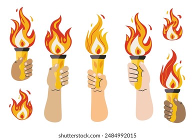 Olimpic Torches with burning fire flame set. Vector isolated burning torches flames in hands. Symbol competition, sport, games, victory, championship. Hand drawn illustration