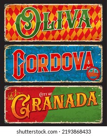 Oliva, Cordova, Granada spanish city plates and travel stickers. Vector postcards of Spain kingdom , landmarks. Vintage scratchy banners with traditional ornament. Touristic grunge boards, plaques