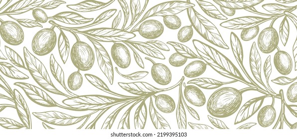 Oliva, green fruit, vintage macro pattern. Vector hand drawn branch, texture leaves on white background. Organic oil