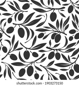 Oliva seamless pattern. Vector branch, black silhouette of berry, wild fruits on white background. Greece, italy organic oil. Nature farm harvest. Vegan food, bio product