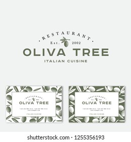 Oliva tree logo at engraving Style. Olive illustration with letters. Business Card. Pattern of Ripe olives and leaves on a green background.