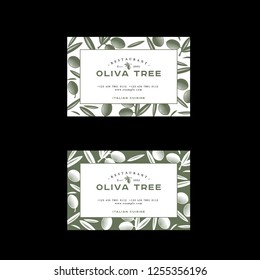 Oliva tree logo at engraving Style. Olive illustration with letters. Business Card. Pattern of Ripe olives and leaves on a green background.