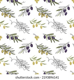 Oliva vector seamless pattern. Green and black olive tree branches on white background. One continuous line art drawing olives pattern.