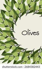Olivenhintergrund. Poster und Banner. Äste mit Blättern und Beeren, Kartendesign. Organisch natürlich botanisch Vektor Cartoon flach Stil einzelne Illustration