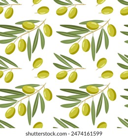 Olive Background. Vector seamless pattern with green olive tree branches. Repeated Flat vector illustration with fruits for natural organic cosmetics, wrapping paper, wallpaper, textile, scrapbooking