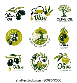 Olive badges. Healthy natural products vegetable logo planting leaves elements recent vector botanical symbols