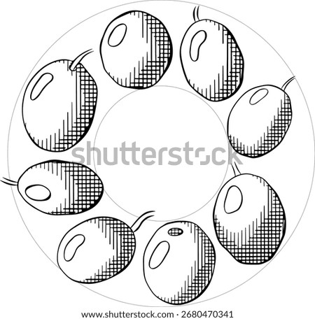 Olive black berry circle square template. Vector graphic line ink black and white illustration. Fruitless rosemary, bay leaf circle frame for card, food cosmetic label
