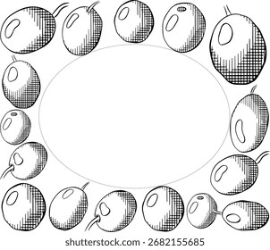 Modelo de retângulo oval de frutos de bagas negras. Tinta de linha gráfica vetorial Ilustração em preto e branco. Para impressão de camisetas, web design, salões de beleza, cartazes, criação de logotipo.
