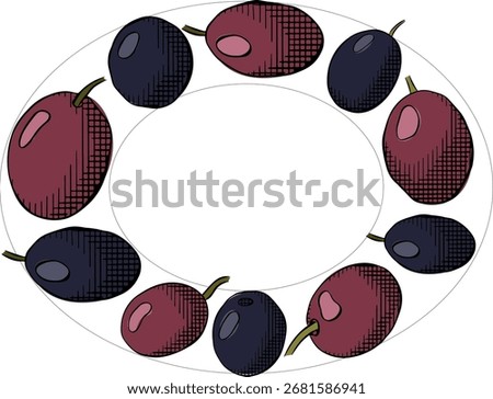 Olive black berry Oval template. Vector graphic line ink colored illustration. Fruitless rosemary, bay leaf circle frame for card, food cosmetic label Isolated line art from background

