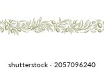 Olive border, rustic seamless pattern. Vector vintage band. Hand drawn texture branch, green fruit, graphic leaves on white background. Organic farm oil