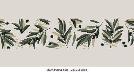 Olive border seamless pattern. Vector vintage band. Hand drawn texture branch, green fruit, graphic leaves on white background.