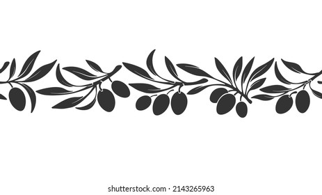 Olive border. Vector seamless print. Decorative band. Shape of plant, black fruit, leaves on white background. Organic ornament