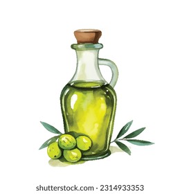 Olive bottle vector illustration. Hand drawn watercolor painting on white background