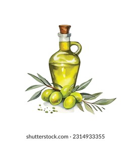 Olive bottle vector illustration. Hand drawn watercolor painting on white background