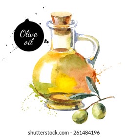 Olive bottle vector illustration. Hand drawn watercolor painting on white background