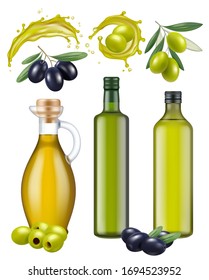 Olive bottles. Oil glass package healthy natural products for cooking food green and black greek olives vector realistic template