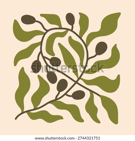 Olive Branch Abstract Art. Mediterranean botanical composition with curved leaves and earthy colors. Minimal retro square artwork with natural elegance. Vector illustration
