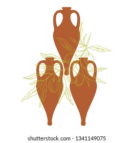 Olive branch against the backdrop of ancient Greek amphorae. Symbol of transportation of olive oil in the hold of the ship.Vector illustration .