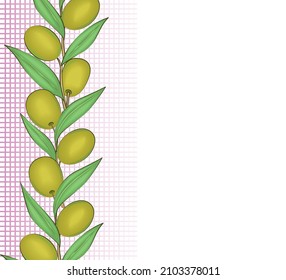 Olive branch against the background of a checkered pattern. Sample. There is free space for text. Multi-colored image. The checkered pattern is made using a gradient. Vector illustration.
