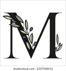 Olive branch alphabet letter for decor of card or wedding invite. Vector hand drawn illustration for type design