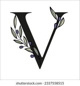 Olive branch alphabet letter for decor of card or wedding invite. Vector hand drawn illustration for type design