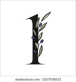 Olive branch alphabet number for decor of card or wedding invite. Vector hand drawn illustration for type design