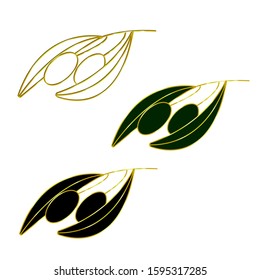 Olive branch with berries and petals. Concept: decoration, design element to indicate the composition, nutritional benefits and the presence of olives in the product. Vector illustration, eps 10.
