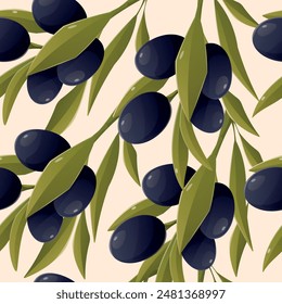 Olive branch with black berries fruits and leaves. Vector seamless cartoon pattern.