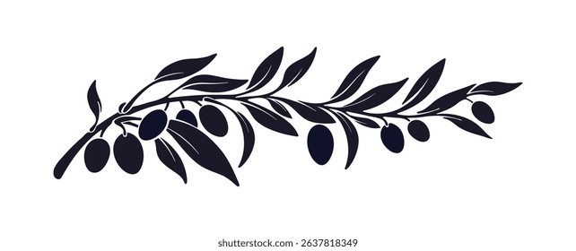 Olive branch, black fruit. Vector farm harvest. Greek oil product. Graphic art image, simple label. Vector mediterranean sign isolate on white background. Packaging imprint for food design