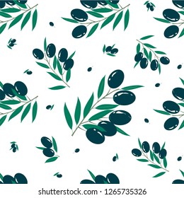Olive branch black fruits, green leaves seamless pattern on white. Floral pattern design element for web, for fabric print, for kitchen design, olive oil packaging design, product design, textile