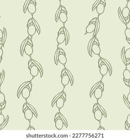 Olive branch, black ink hand drawn simple elements Vector botanical seamless pattern.