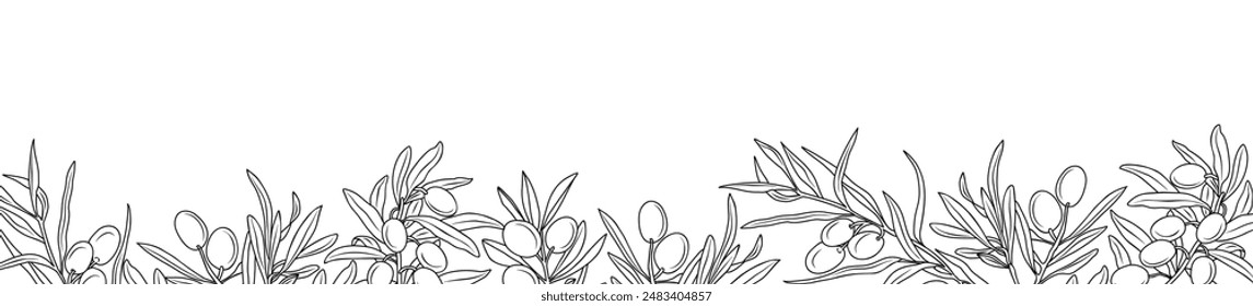 Olive branch border. Horizontal banner, botanical overlay backdrop. Outline monochrome ink sketch style hand drawn vector illustration isolated on white background.