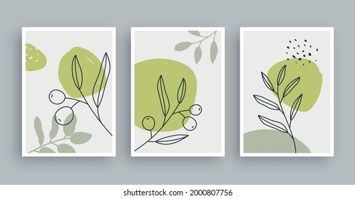 olive branch botanical wall art painting background. Foliage art and hand drawn line with abstract shape. Mid century scandinavian nordic style.