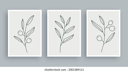 olive branch botanical wall art painting background. Foliage art and hand drawn line with abstract shape. Mid century scandinavian nordic style.