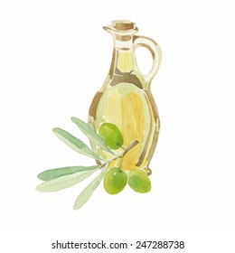 Olive branch and a bottle of olive oil drawing by watercolor. Hand drawn isolated vector illustration on a white background.