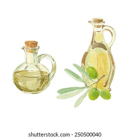 Olive branch and a bottles of olive oil drawing by watercolor. Hand drawn isolated vector illustration on a white background.