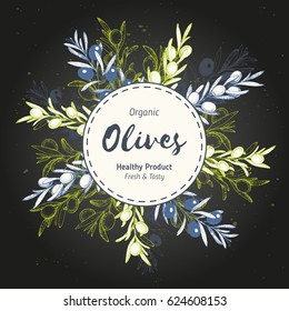 Olive branch circle concept. Design template with hand drawn olive tree sketch. 
 Botanical vector illustration.