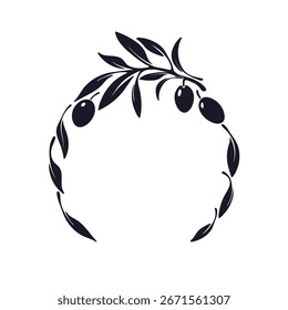 Olive branch circle emblem. Vector berry, silhouette of leaves. Elegant graphic round symbol. Greek art botanical sign. Healthy oil food. Organic natural cosmetics. Agricultural farm product