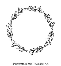 Olive branch circle wreath for card or invite Greenery for decor. Line art vector illustration 