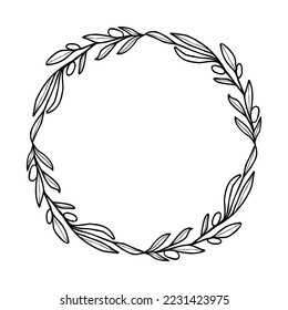 Olive branch circle wreath Greenery for decor invite or card . Line art vector illustration 