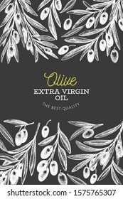 Olive branch design template. Hand drawn vector food illustration on chalk board. Engraved style mediterranean plant. Vintage botanical picture.