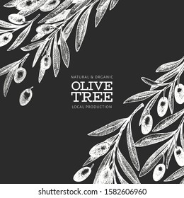 Olive branch design template. Hand drawn vector food illustration on chalk board. Engraved style mediterranean plant. Vintage botanical picture.