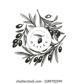 Olive branch design template. Hand drawn vector food illustration. Engraved style mediterranean plant. Vintage botanical picture.