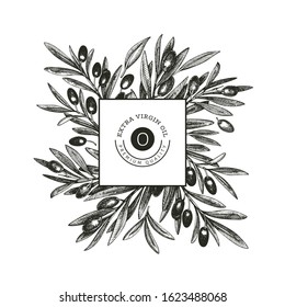 Olive branch design template. Hand drawn vector food illustration. Engraved style mediterranean plant. Retro botanical picture.