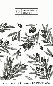 Olive branch design template. Hand drawn vector food illustration. Engraved style mediterranean plant. Retro botanical picture.